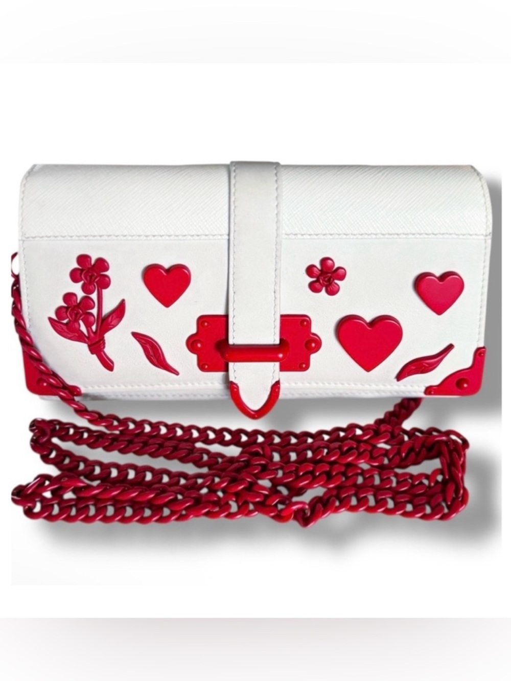 Prada Cahier Wallet On Chain Valentine Heart Applique White Saffiano Red